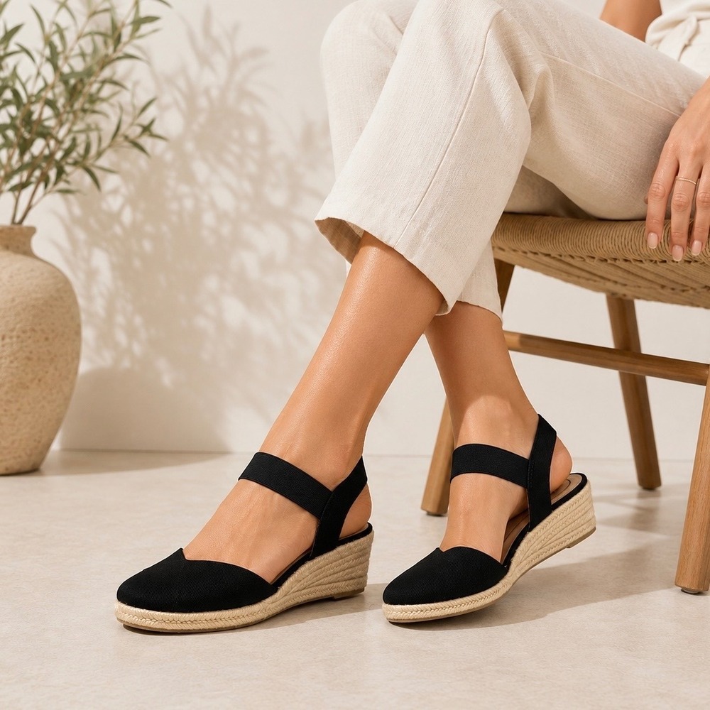 LifeStride Kimmie Black Espadrille Wedge Sandals Womens 8.5W Wide Comfort Shoes